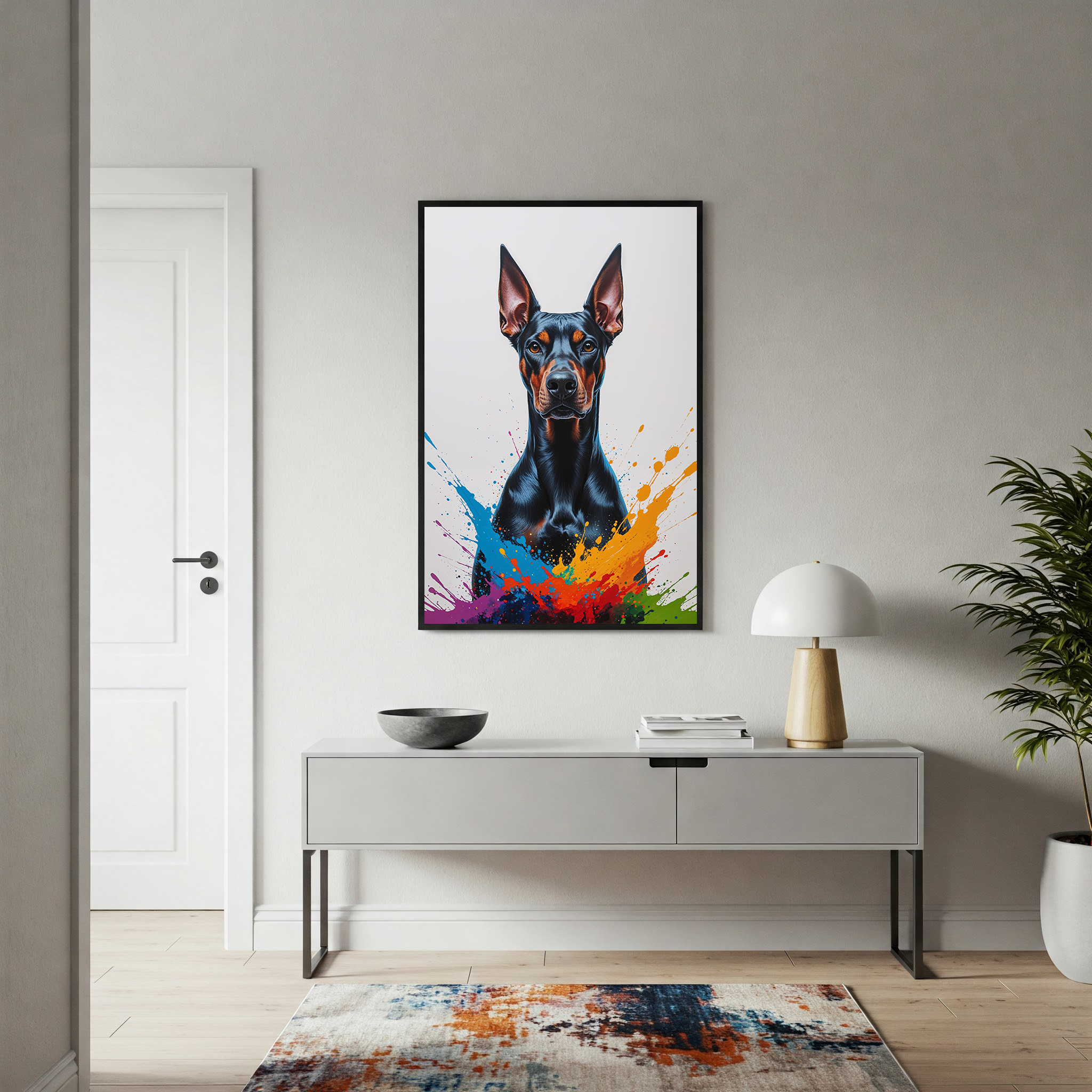 Colorful Doberman digital art by Reflectionare, vibrant and detailed illustration of a Doberman dog in bright, bold colors.
