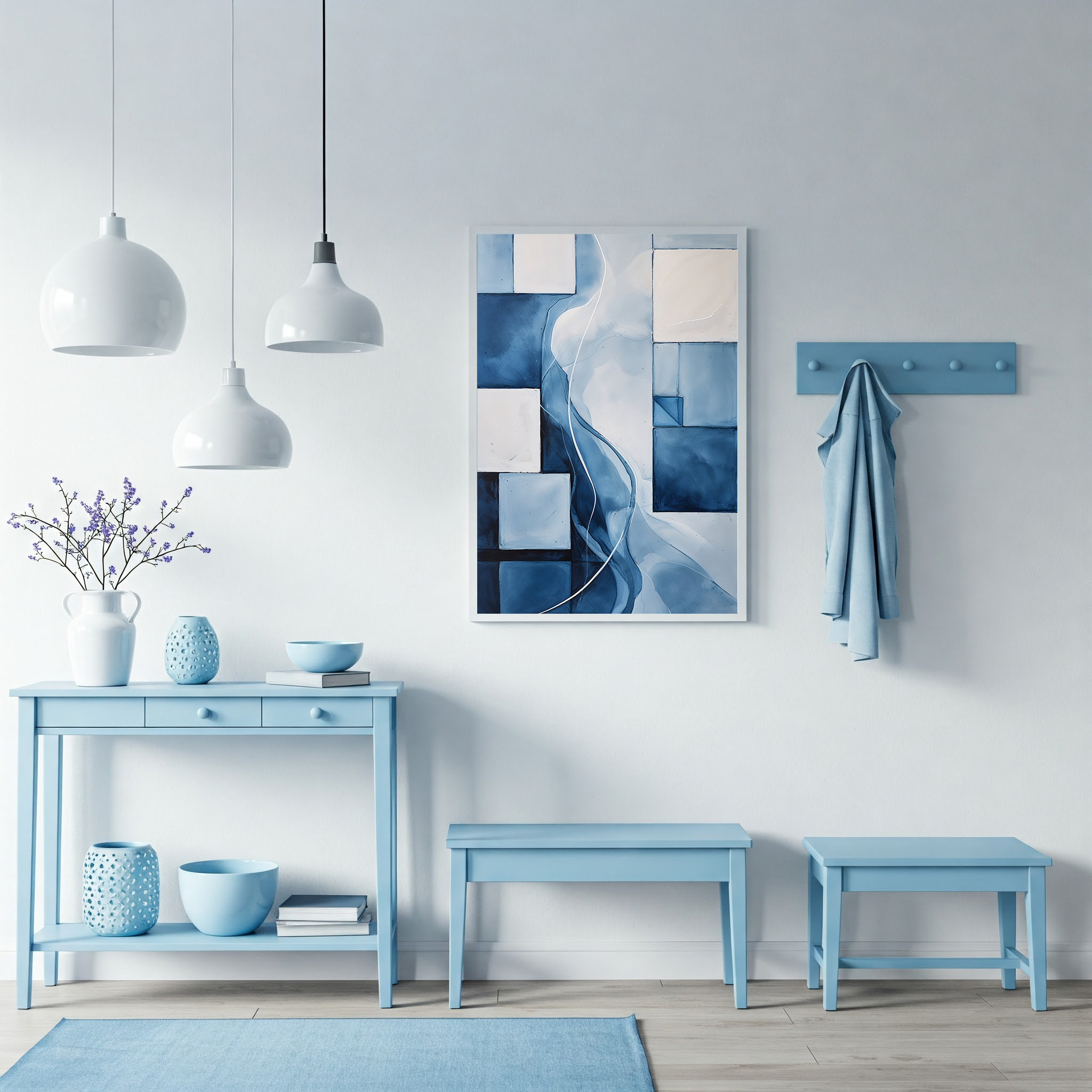 Abstract Blue Current digital art by Reflectionare featuring flowing blue and white wave patterns on a dark background.
