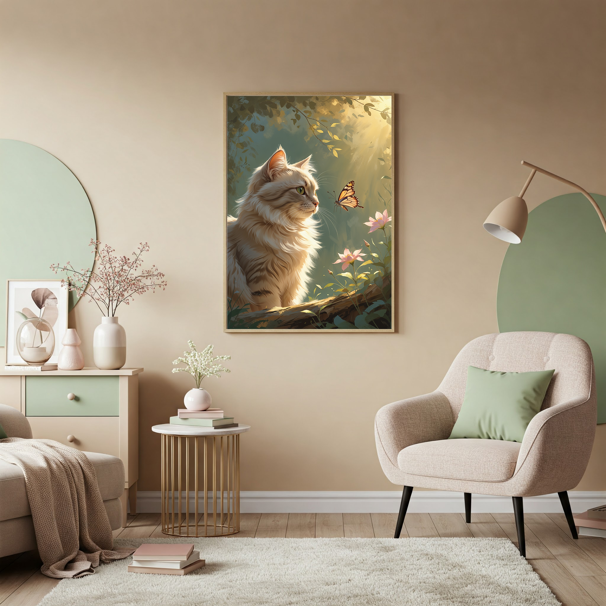 Digital art of a cat and butterfly by Reflectionare, featuring vibrant colors and detailed, whimsical illustration.