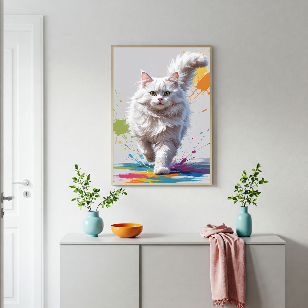 Fluffy White Cat Colorful Splash Art Print
