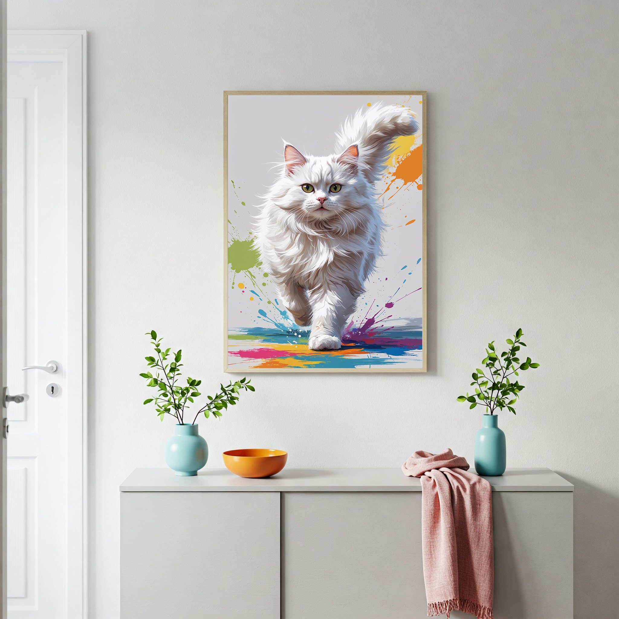 Fluffy White Cat Colorful Splash Art Print