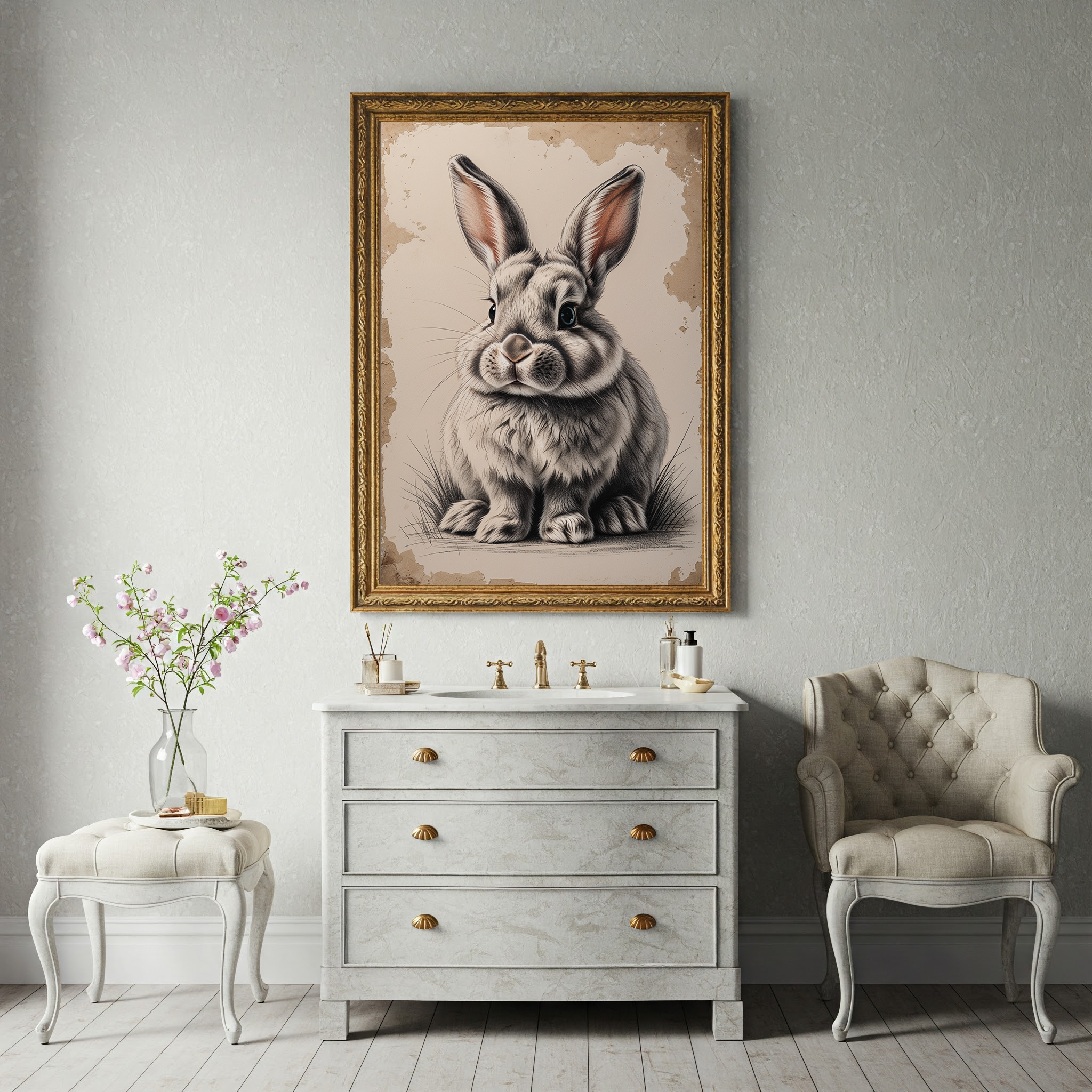 Vintage bunny portrait art print by Reflectionare featuring retro animal wall decor in digital art style