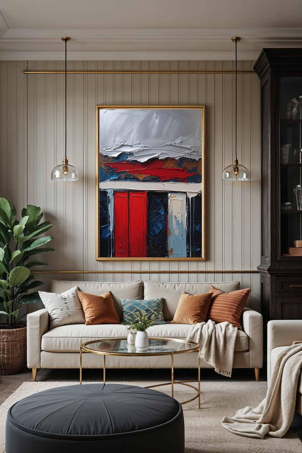 Reflectionare abstract impasto oil painting print featuring modern textured geometric digital art with bold shapes and vibrant colors.