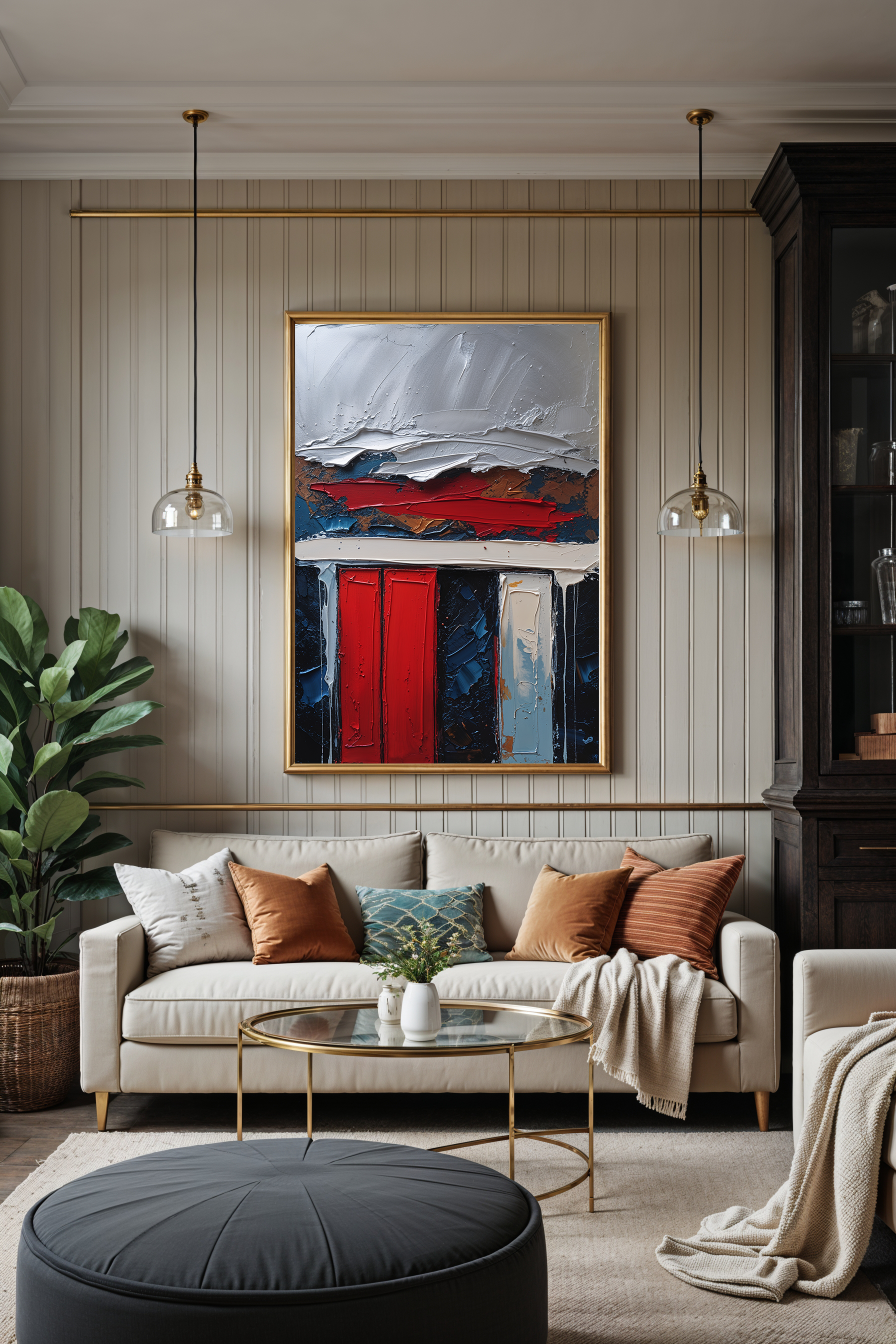Reflectionare abstract impasto oil painting print featuring modern textured geometric digital art with bold shapes and vibrant colors.