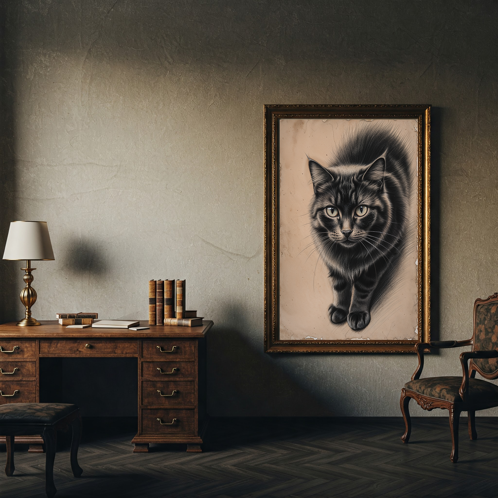 Vintage cat portrait digital art print by Reflectionare featuring a retro animal wall decor design with detailed feline illustration.