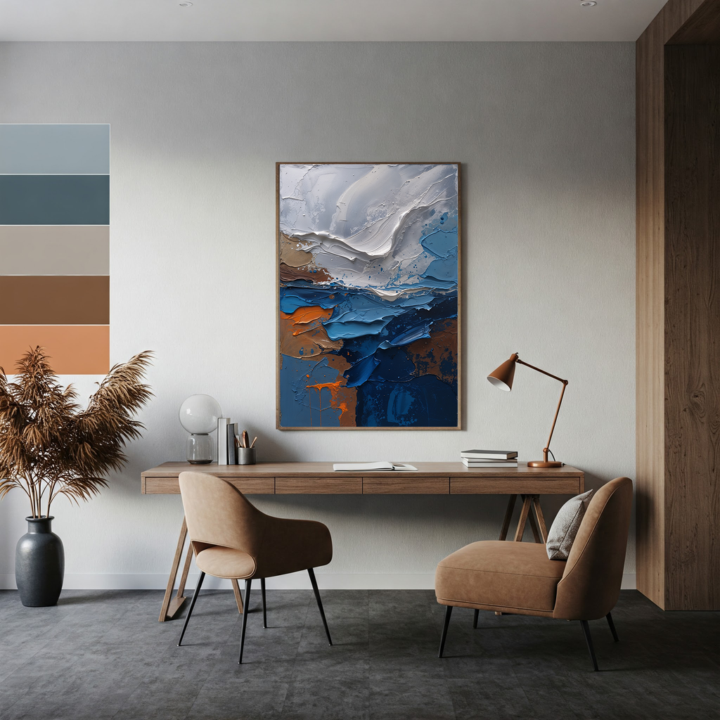 Abstract coastline impasto oil painting print by Reflectionare featuring a textured modern seascape digital art piece.