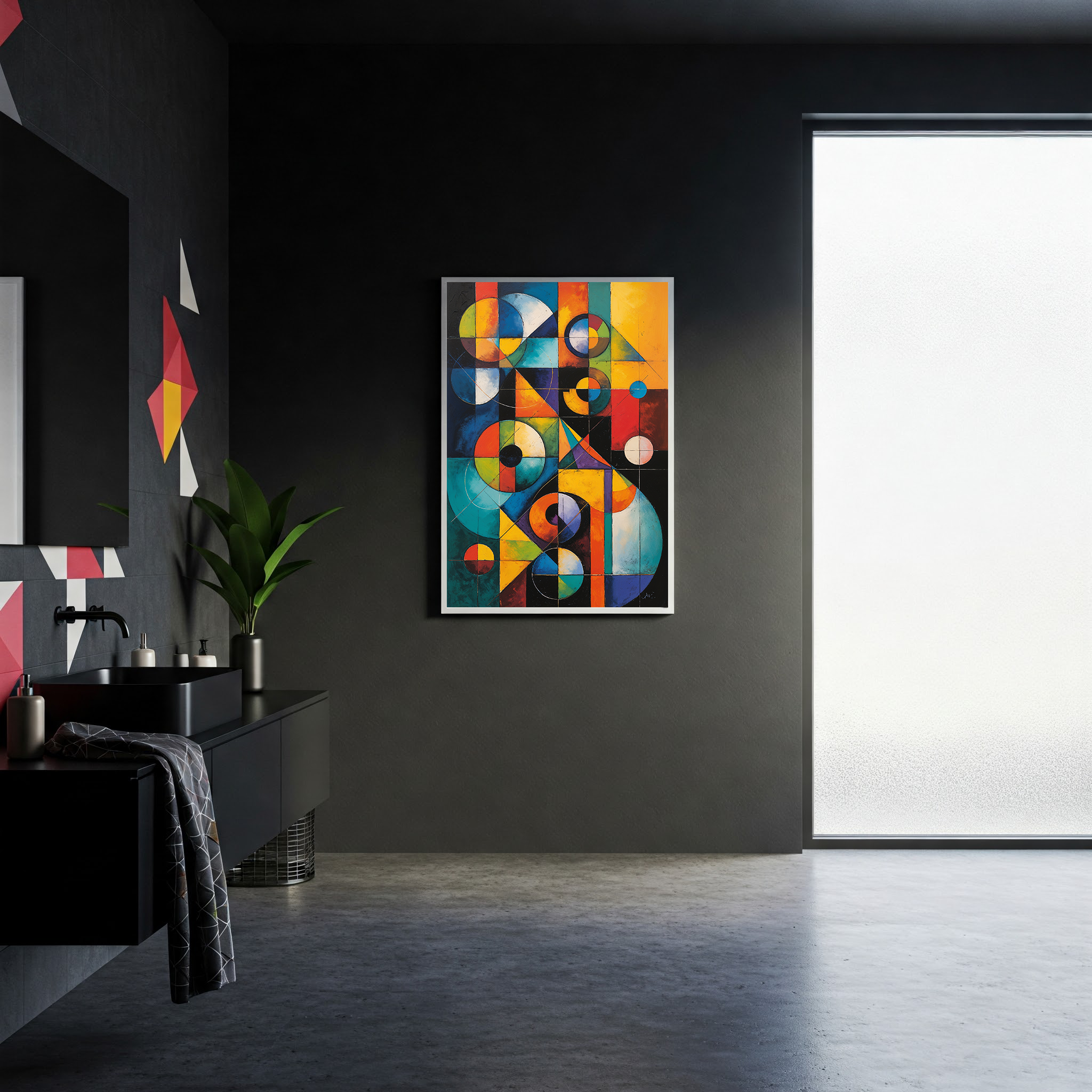 Reflectionare Abstract Elements II geometric oil painting print, modern Bauhaus digital art for wall decor, vibrant abstract wall art image.