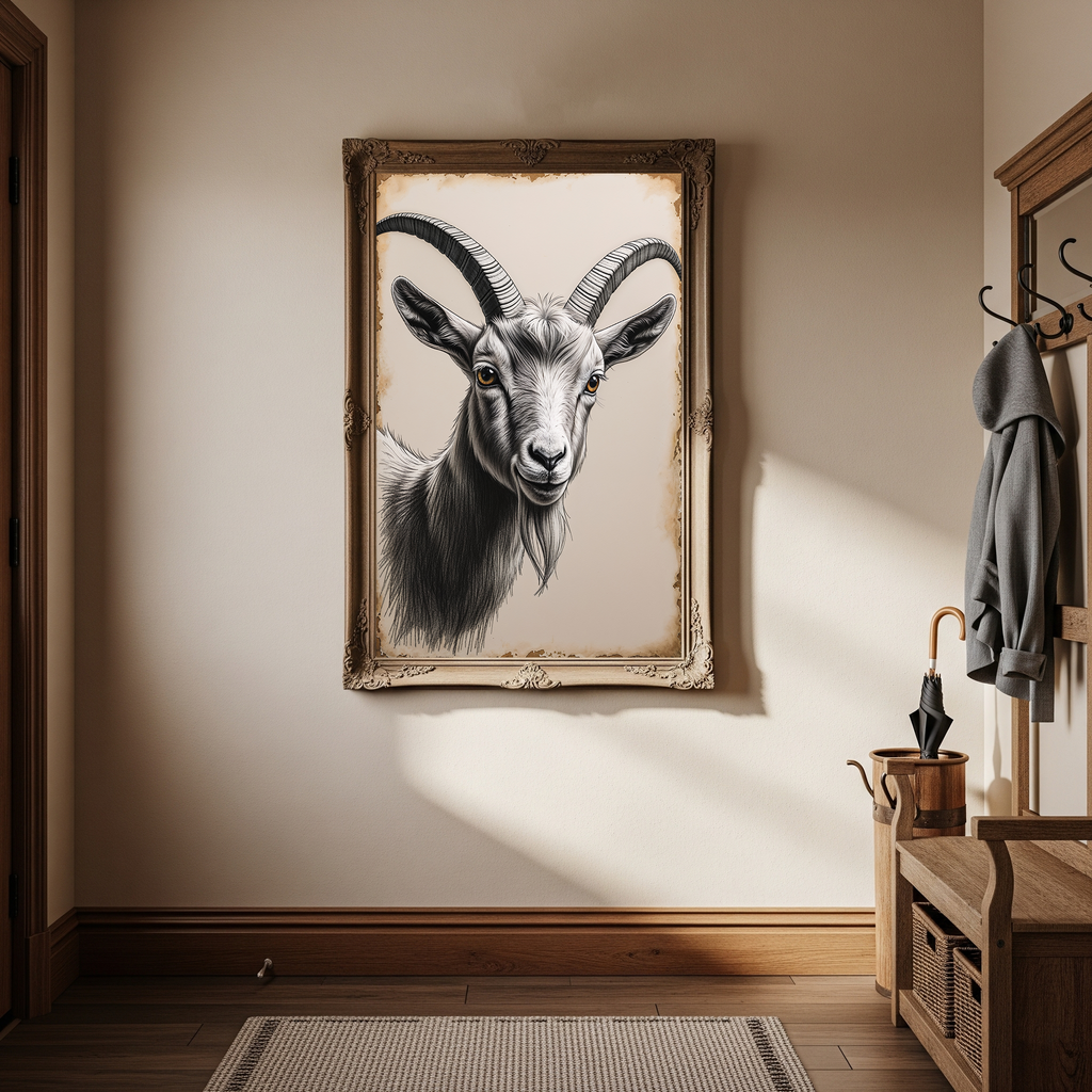 Detailed digital print of a vintage goat portrait art by Reflectionare, showcasing a farm animal illustration with intricate details.