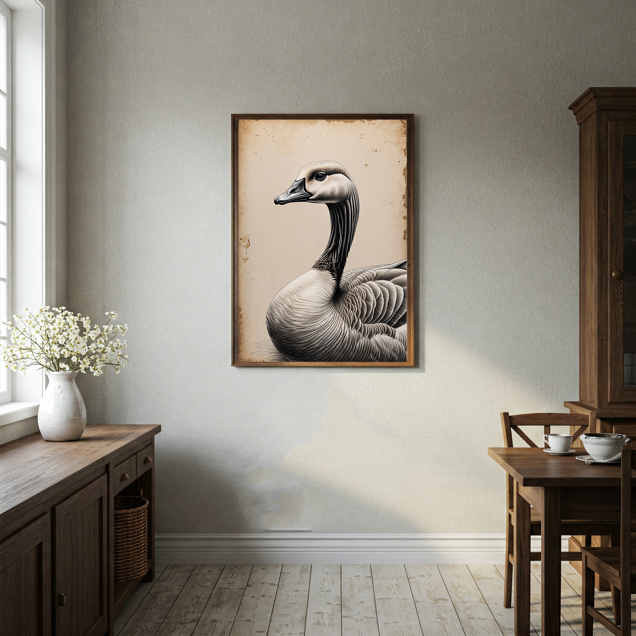 Vintage goose portrait digital print by Reflectionare featuring detailed farm bird illustration on a neutral background.