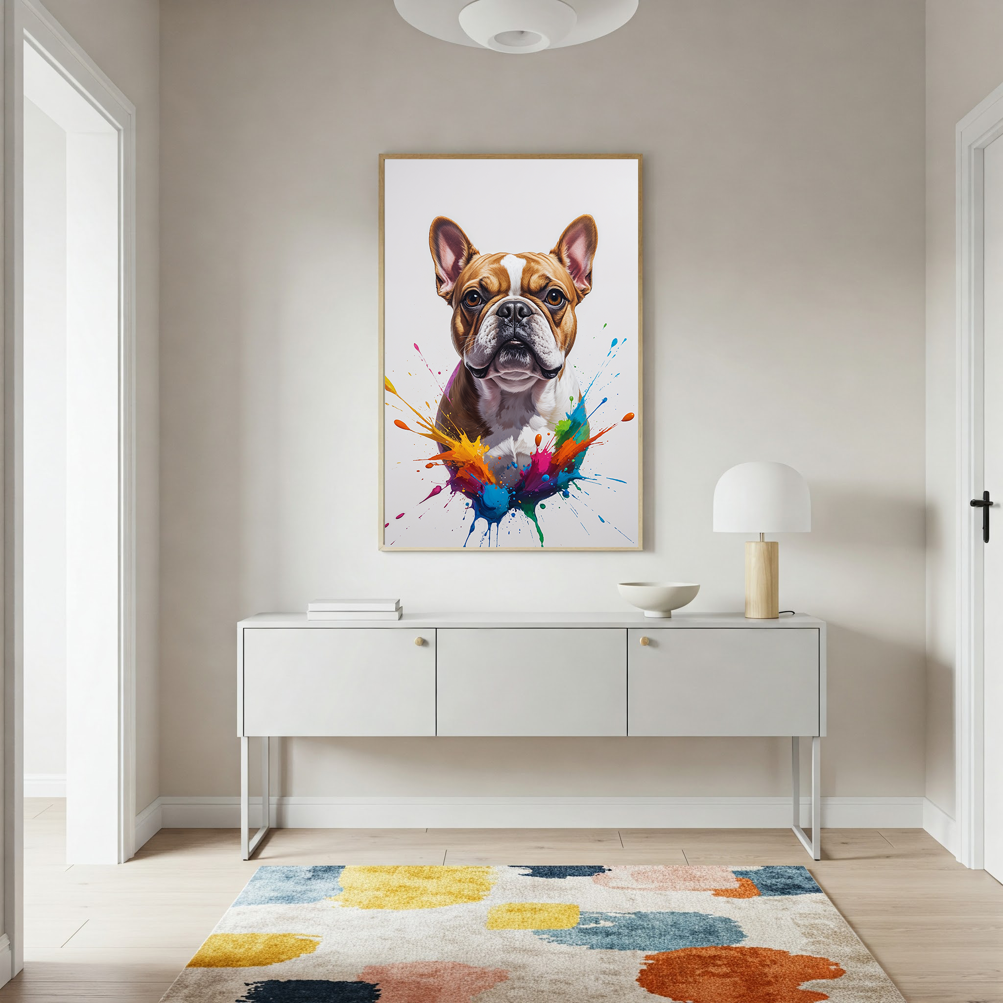 Colorful French Bulldog digital art by Reflectionare showcasing vibrant, abstract colors and playful design in a modern style.