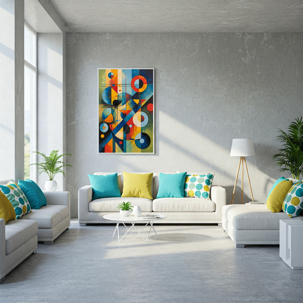 Digital abstract art print featuring geometric shapes in modern Bauhaus style, by Reflectionare, suitable for contemporary wall decor.