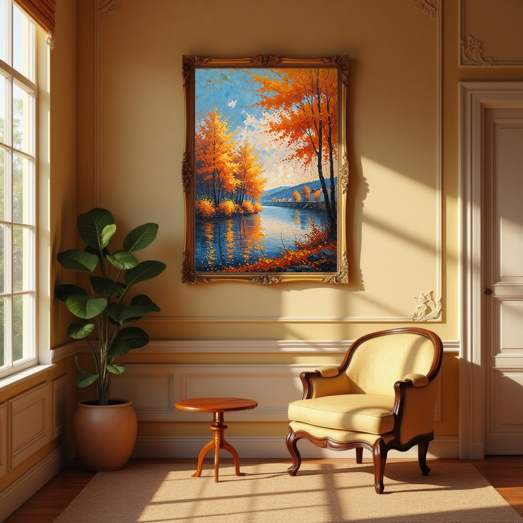 Vintage Autumn River wall art print by Reflectionare featuring a retro landscape digital art scene with warm autumn colors.