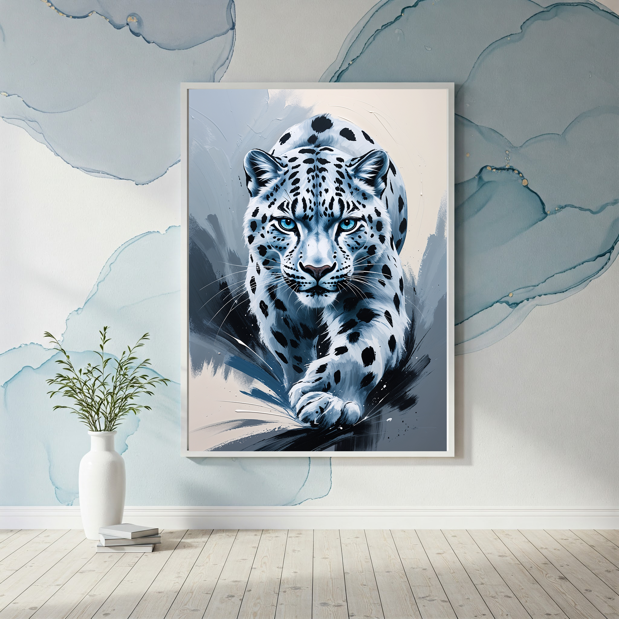 Abstract snow leopard digital art print by Reflectionare featuring modern wildlife wall decor with vibrant, artistic snow leopard imagery.
