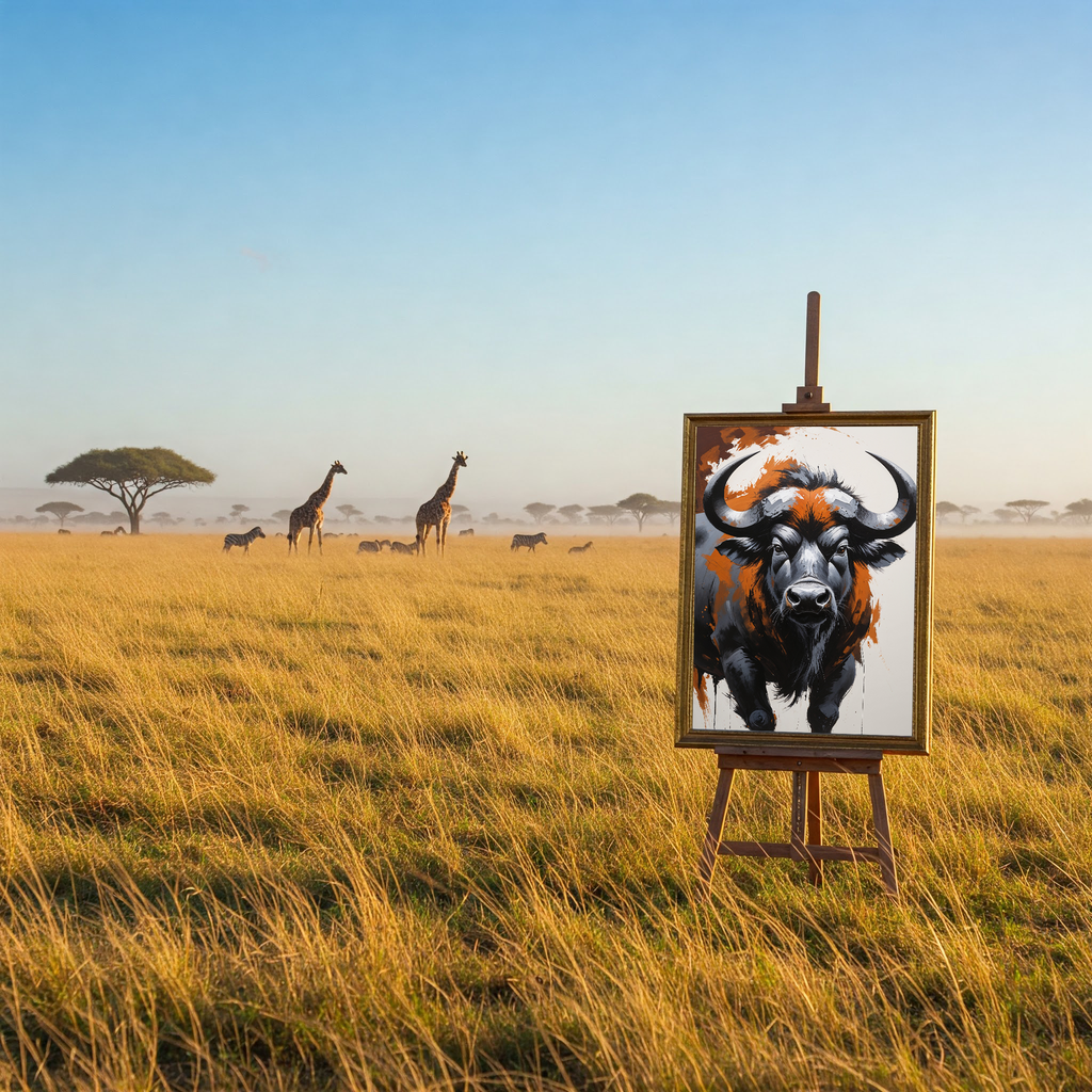Abstract African buffalo digital art print by Reflectionare, featuring modern wildlife wall decor with bold, artistic buffalo imagery.