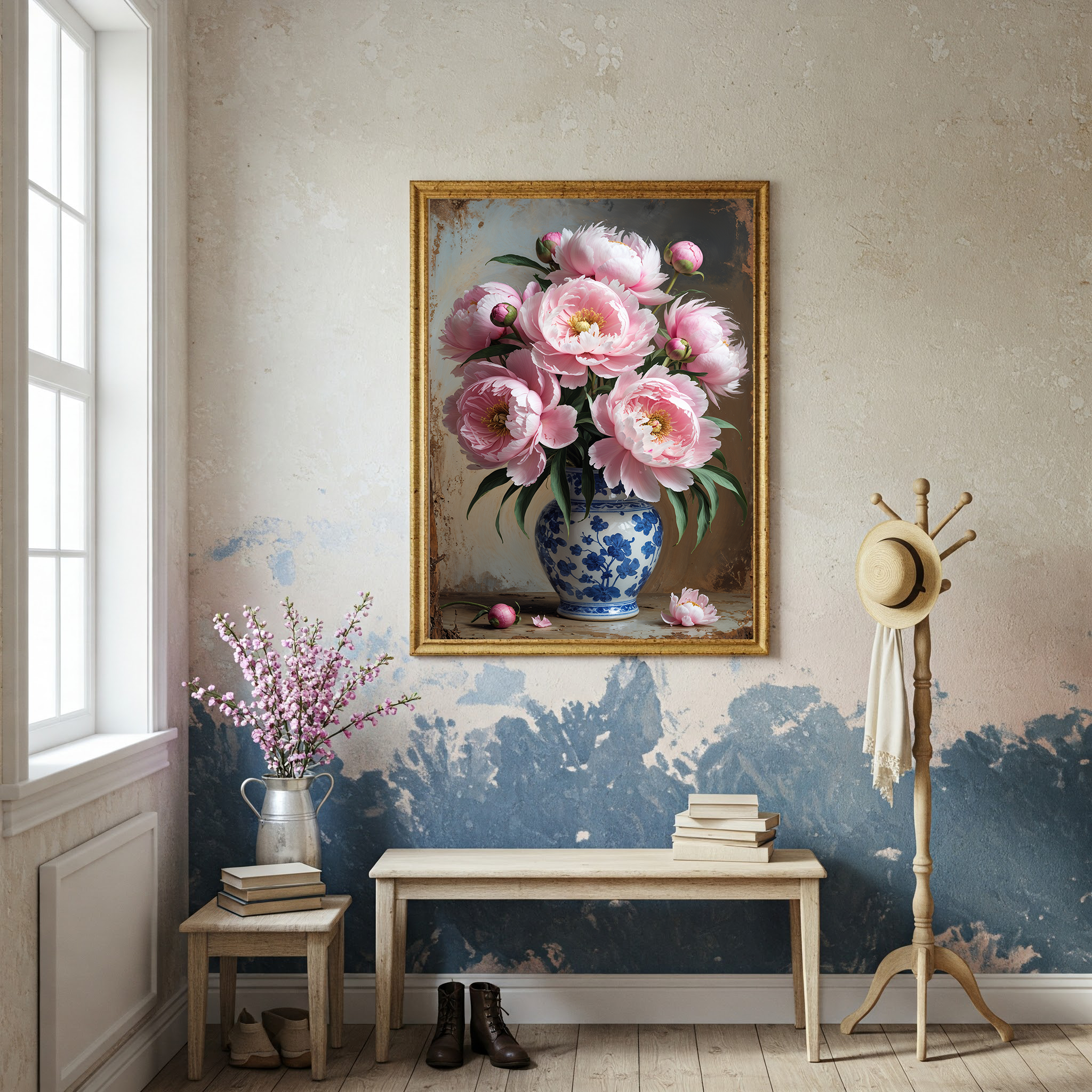 Vintage Pink Peony Bouquet Wall Art Print | Impressionist Floral Decor