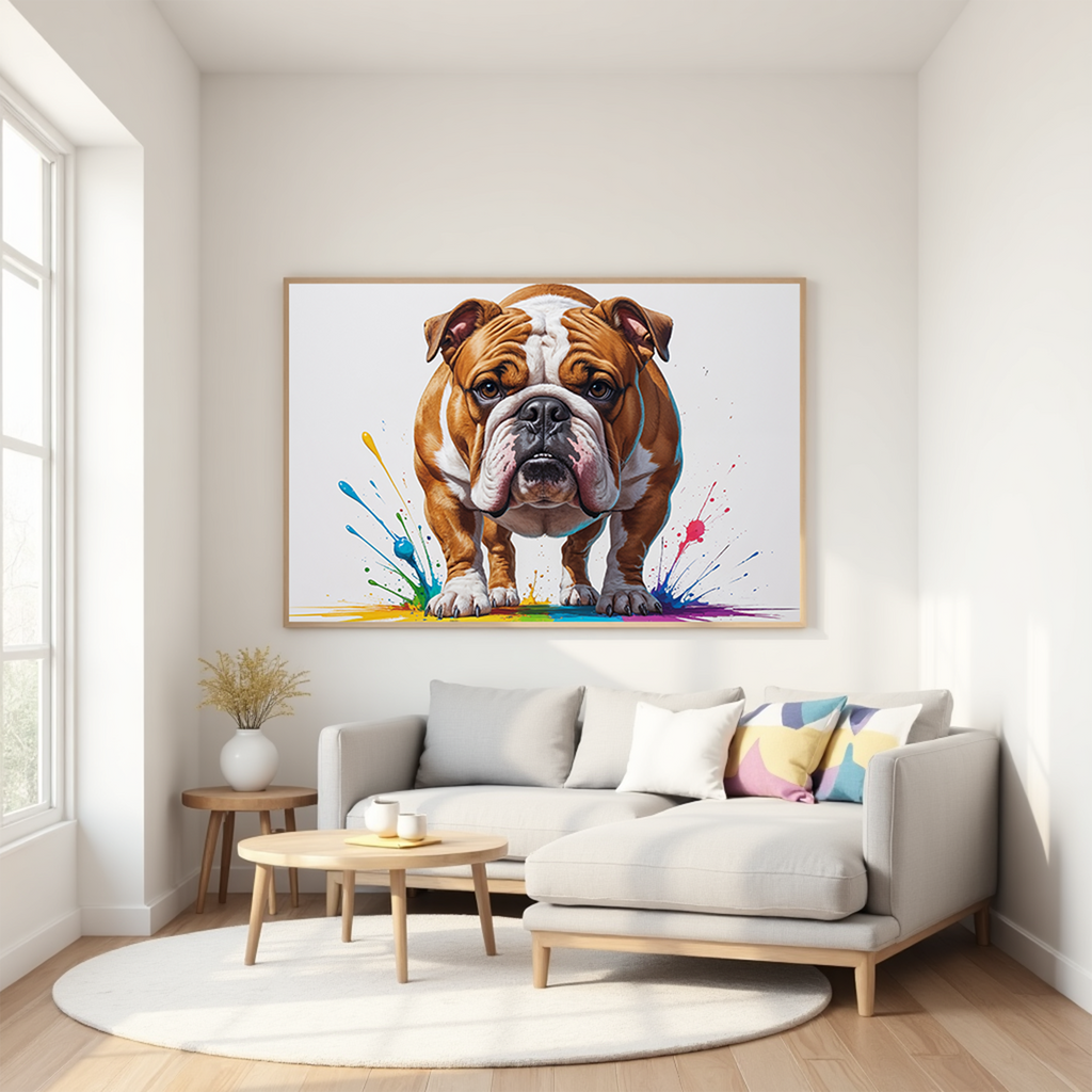 Colorful digital art of a bulldog by Reflectionare featuring vibrant, abstract colors and bold artistic details.