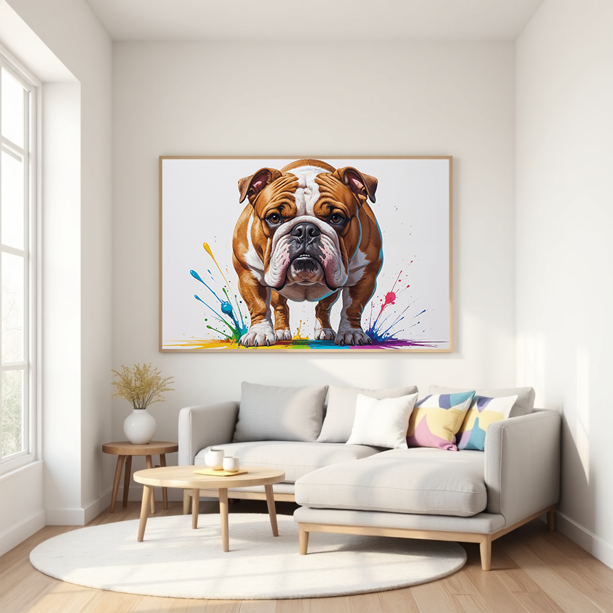 Colorful digital art of a bulldog by Reflectionare featuring vibrant, abstract colors and bold artistic details.