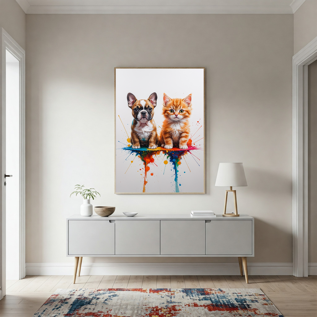 French Bulldog and Kitten Colorful Splash Art Print