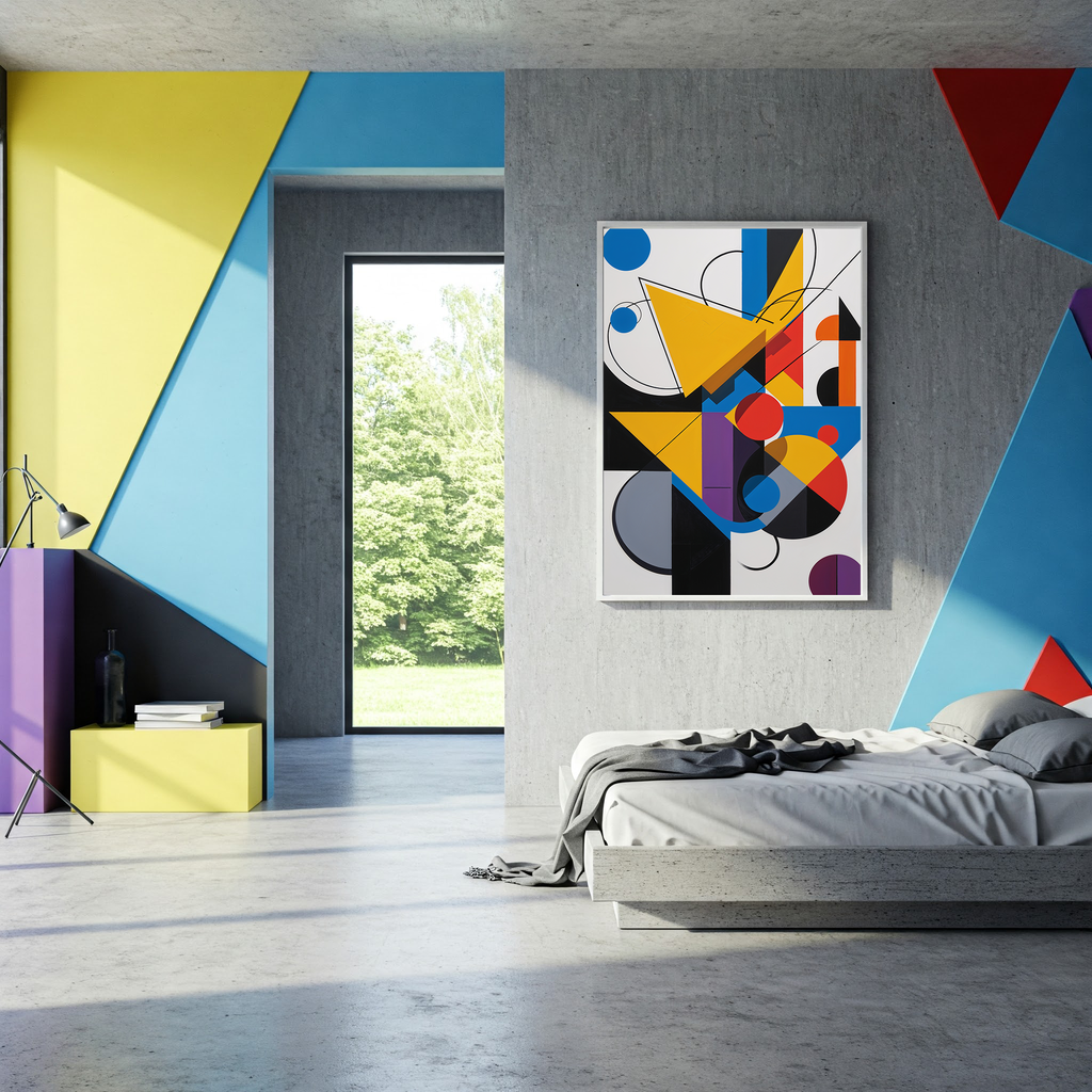 Modern Bauhaus-inspired abstract geometric art print by Reflectionare, featuring colorful digital wall decor with bold shapes.