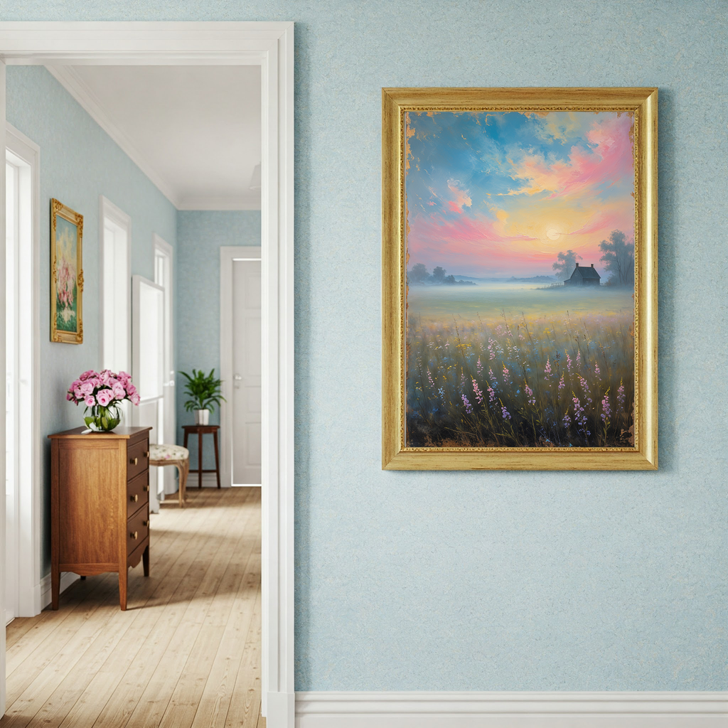 Reflectionare vintage countryside sunrise digital art print featuring a retro landscape scene for wall decor.