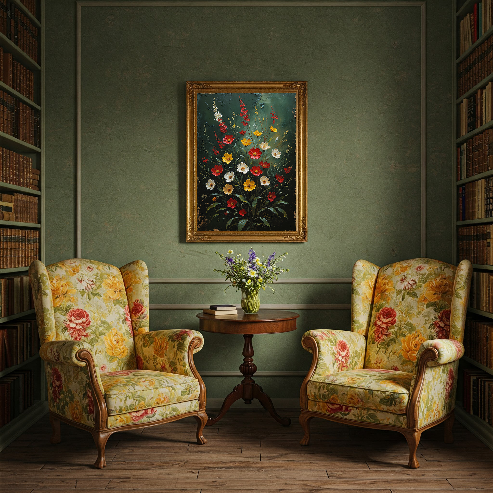 Vintage floral impasto art print by Reflectionare featuring retro flower wall decor in vibrant, textured digital artwork.