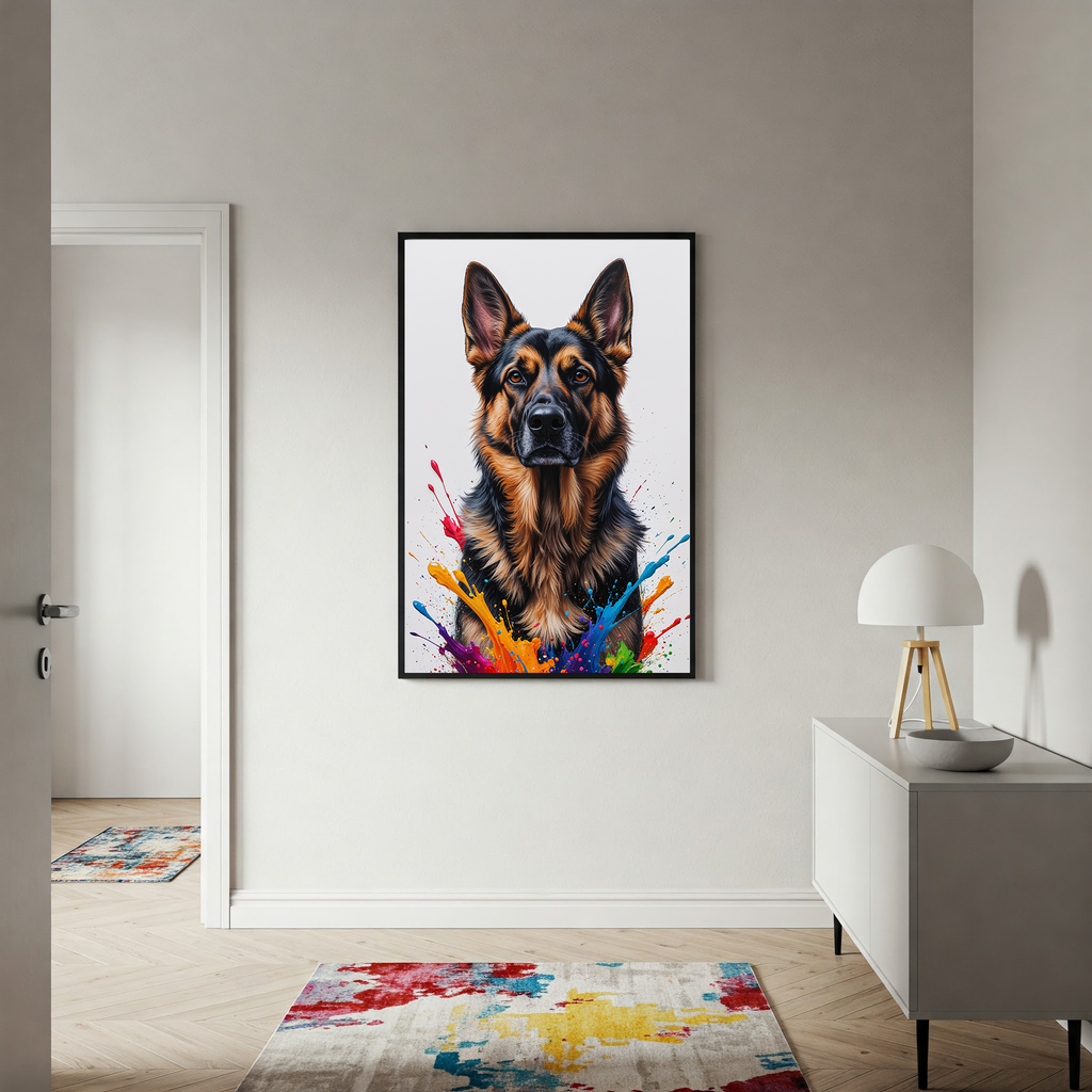 Colorful German Shepherd digital art by Reflectionare, vibrant and detailed illustration of a energetic dog in bright hues.