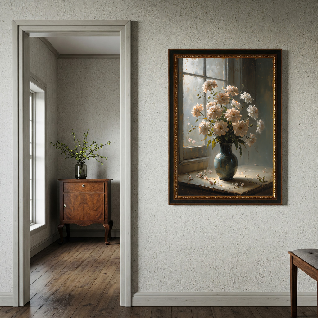 Vintage floral still life digital art by Reflectionare showing an elegant flower bouquet in a vase, suitable for wall decor.