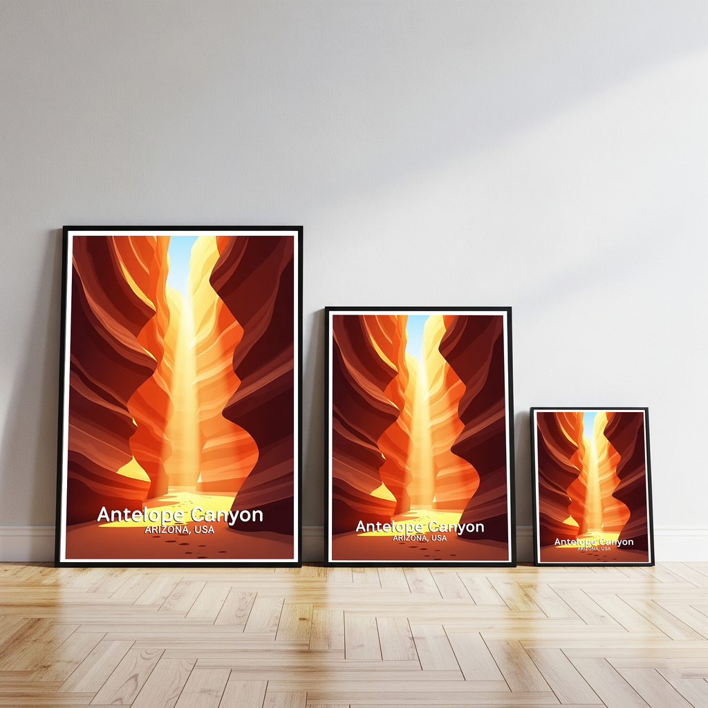 Reflectionare Antelope Canyon digital art print showing red rock formations and light beams in a stunning desert landscape.