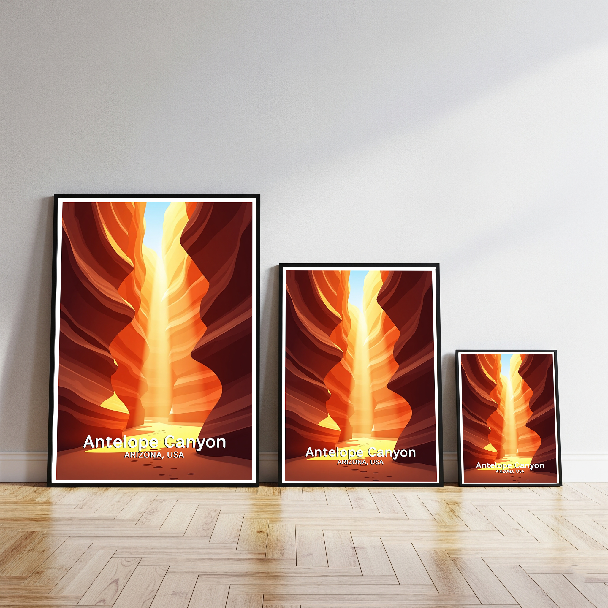 Reflectionare Antelope Canyon digital art print showing red rock formations and light beams in a stunning desert landscape.