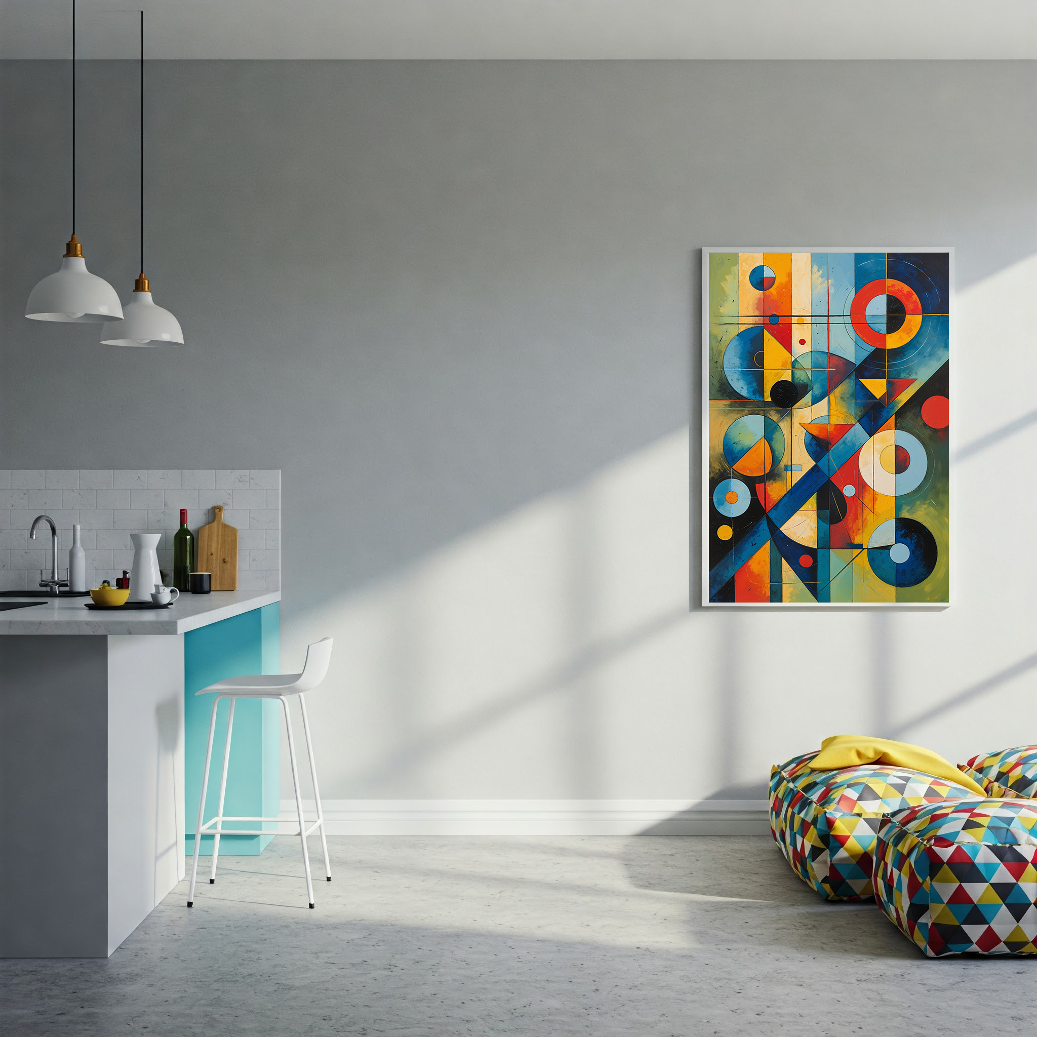 Abstract geometric digital art print featuring modern Bauhaus-inspired shapes and colors for contemporary wall decor.