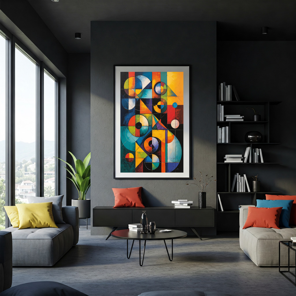 Reflectionare Abstract Elements II geometric digital oil painting print featuring modern Bauhaus-inspired shapes and bold colors.