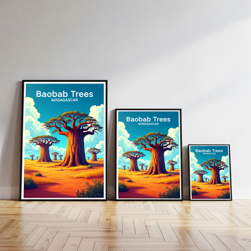 Digital art of vibrant baobab trees by Reflectionare, showcasing detailed, colorful illustrations of iconic African trees.