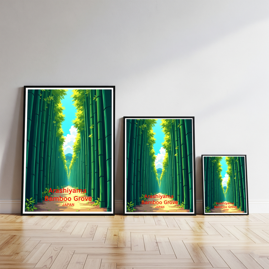Digital art of the Arashiyama Bamboo Grove by Reflectionare, showcasing lush green bamboo stalks in a serene forest scene.