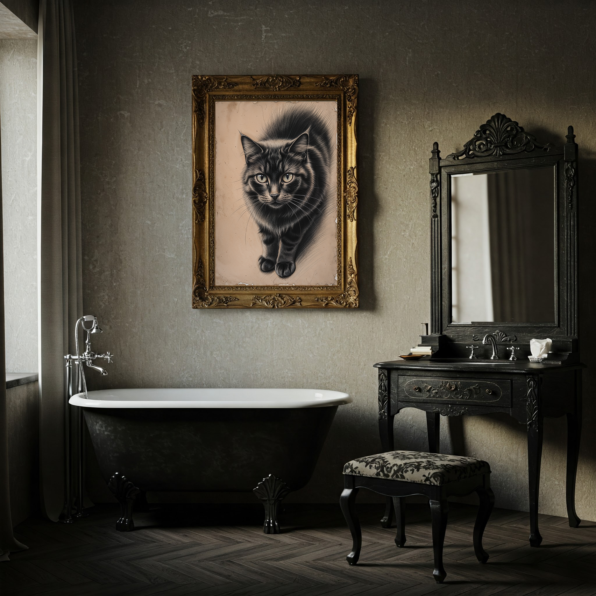 Vintage cat portrait art print by Reflectionare, featuring retro animal wall decor in digital art style, suitable for cat lovers.