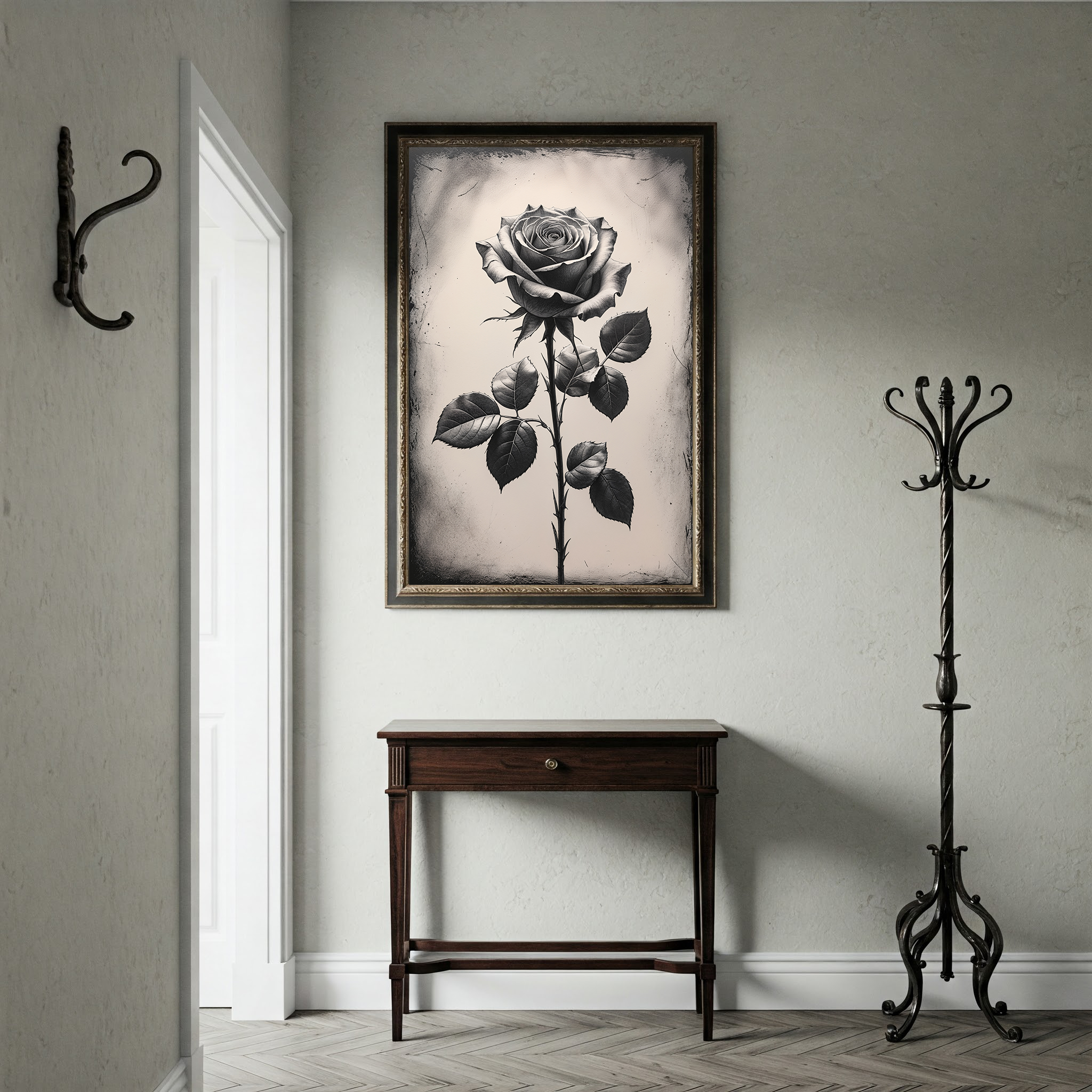 Vintage Monochrome Rose Wall Art Print | Black and White Floral Decor
