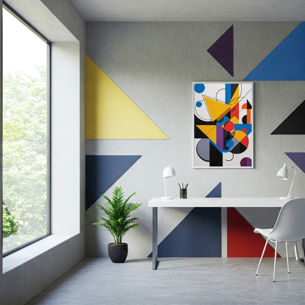 Reflectionare abstract geometric art print featuring modern Bauhaus-inspired digital wall decor with vibrant shapes and clean lines.