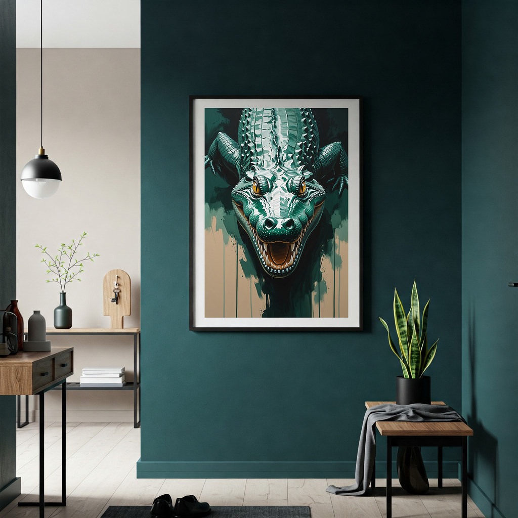 Abstract alligator digital art print by Reflectionare, featuring modern reptile wall decor with vibrant colors and detailed design.