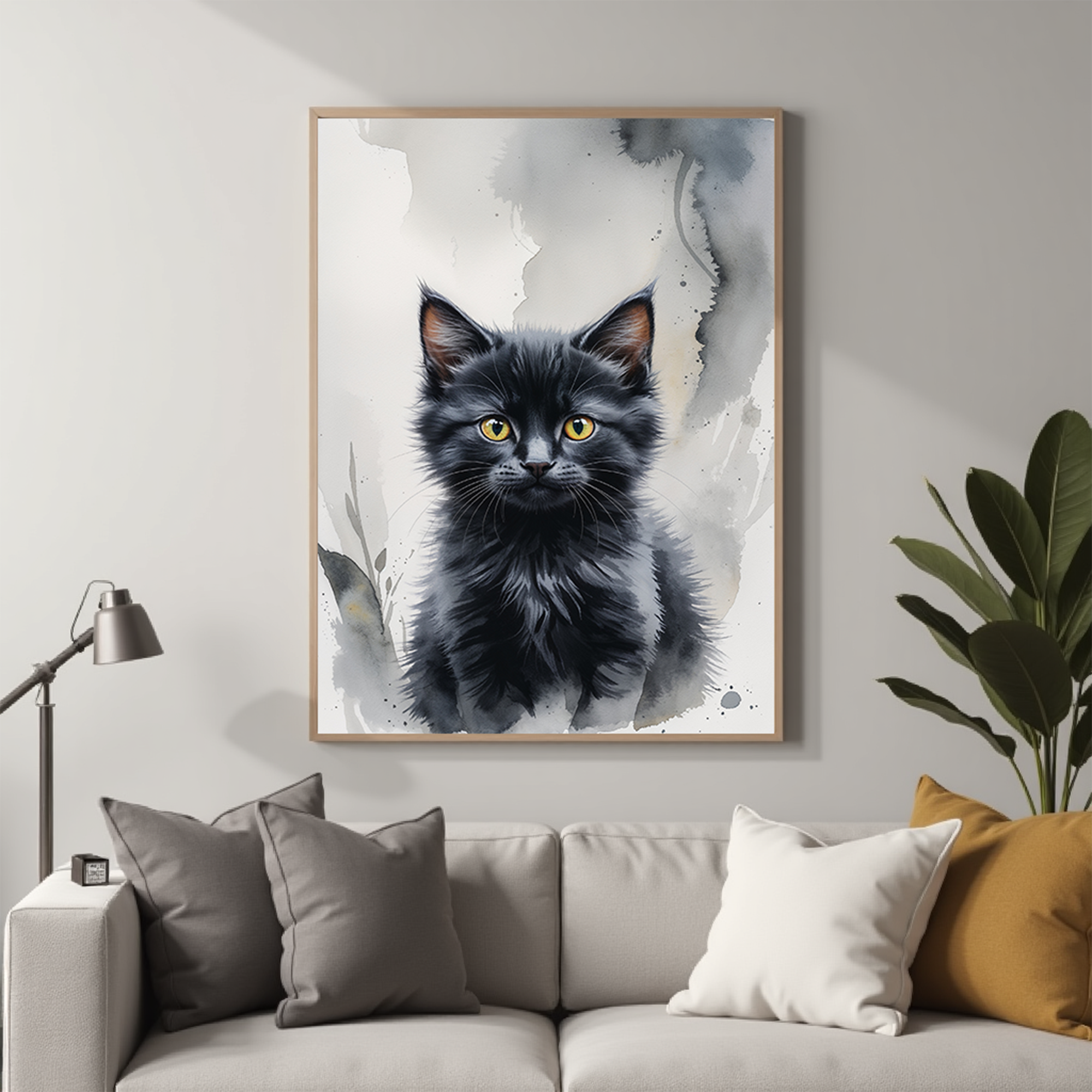 Digital art of a charcoal-colored kitty by Reflectionare, showcasing a detailed, realistic feline illustration in black and gray tones.