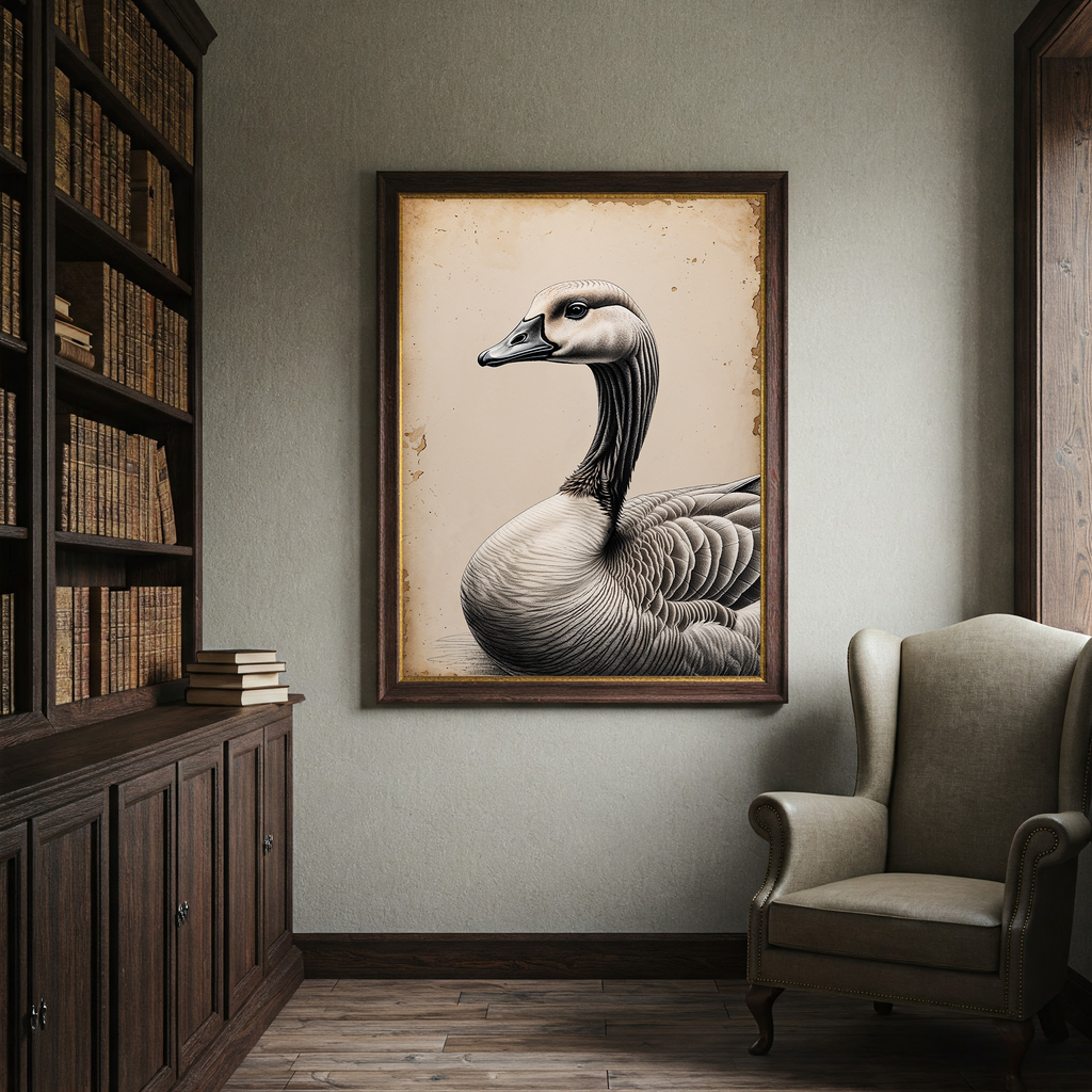 Vintage goose portrait digital art by Reflectionare showing a detailed farm bird illustration on a neutral background.