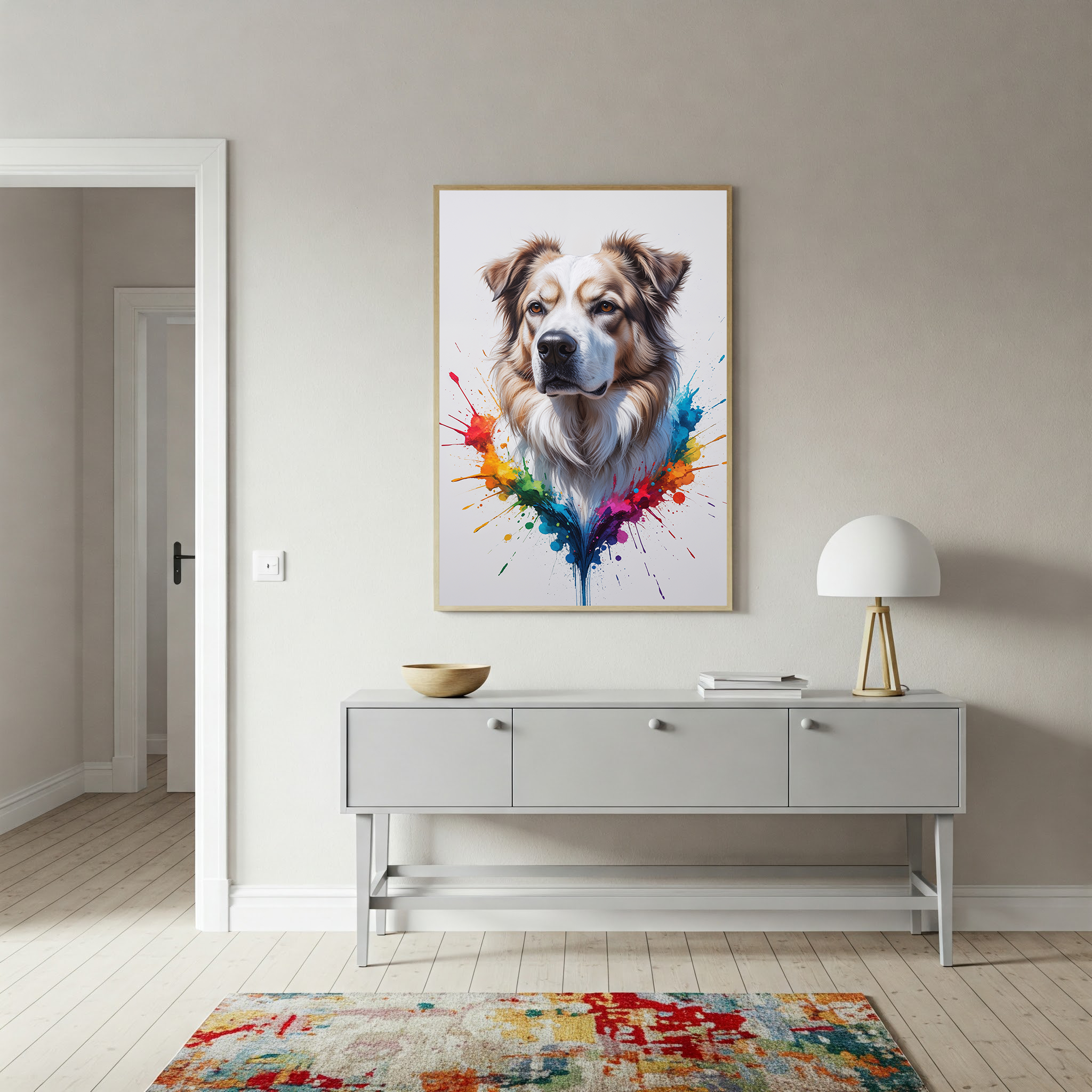 Colorful Australian Shepherd digital art by Reflectionare featuring a vibrant, lively dog with bright, multi-colored fur in a creative style.