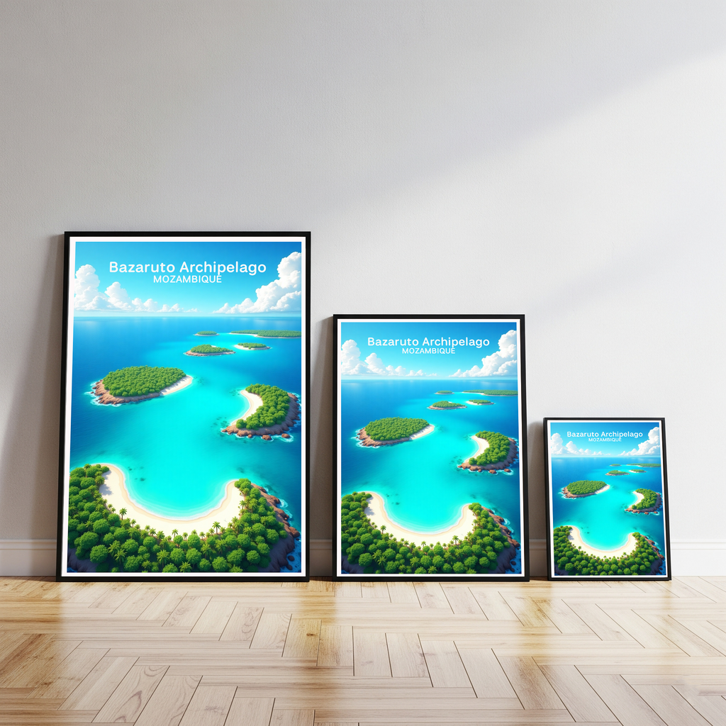 Digital art of the Bazaruto Archipelago by Reflectionare, showcasing vibrant island scenery and ocean views in a colorful design.