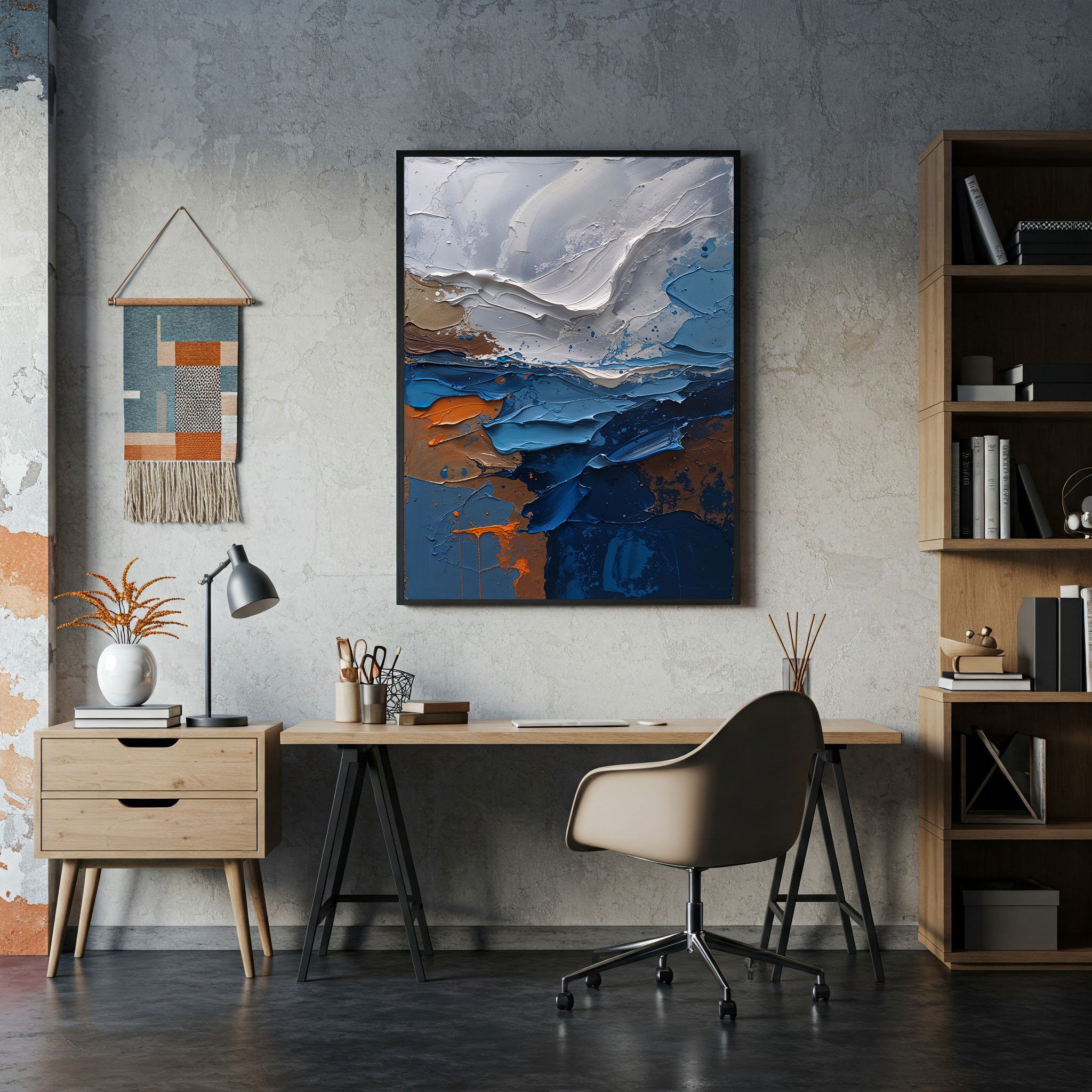 Abstract coastline impasto oil painting print by Reflectionare, featuring textured modern seascape digital art.