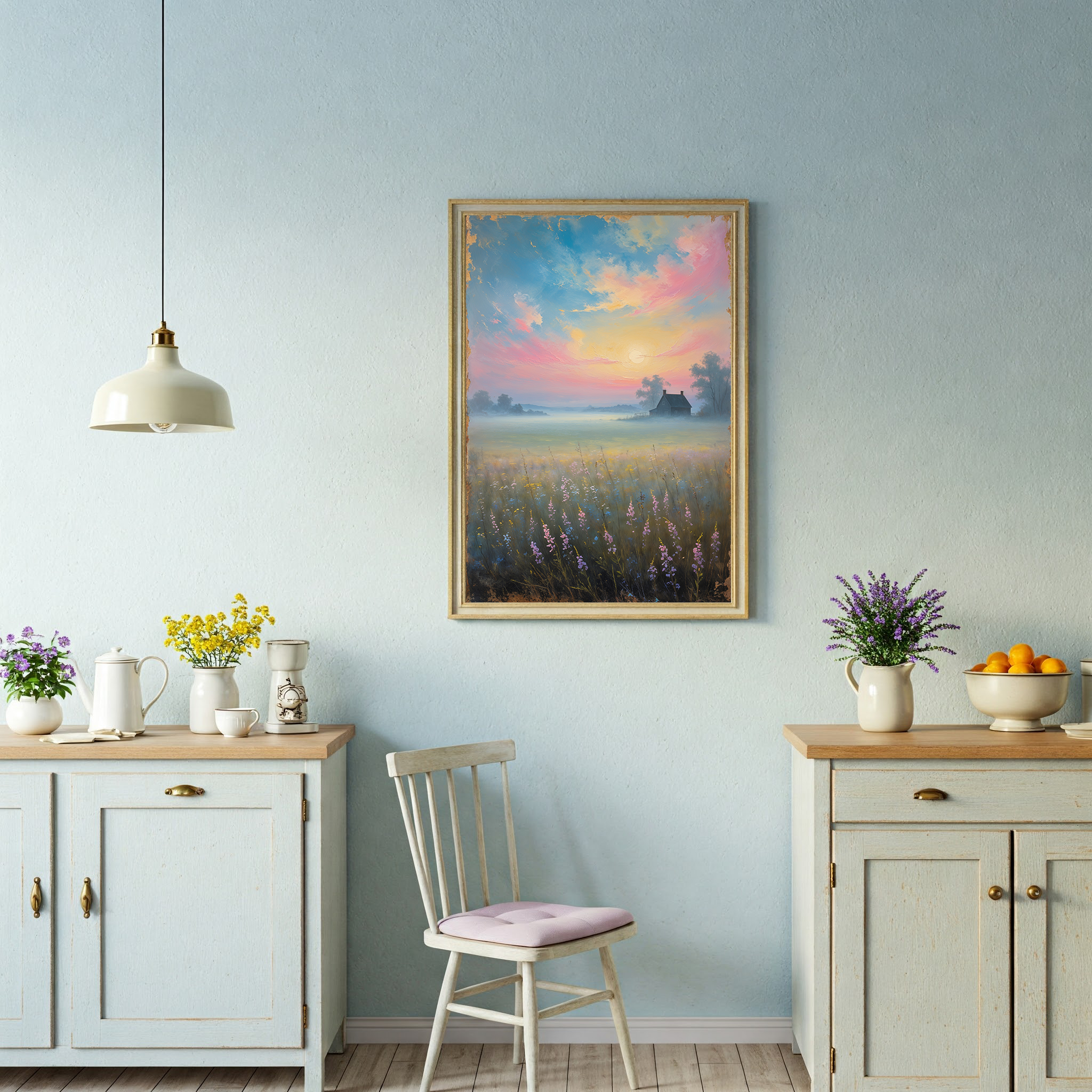 Vintage countryside sunrise digital art print by Reflectionare, featuring a retro landscape scene for wall decor.