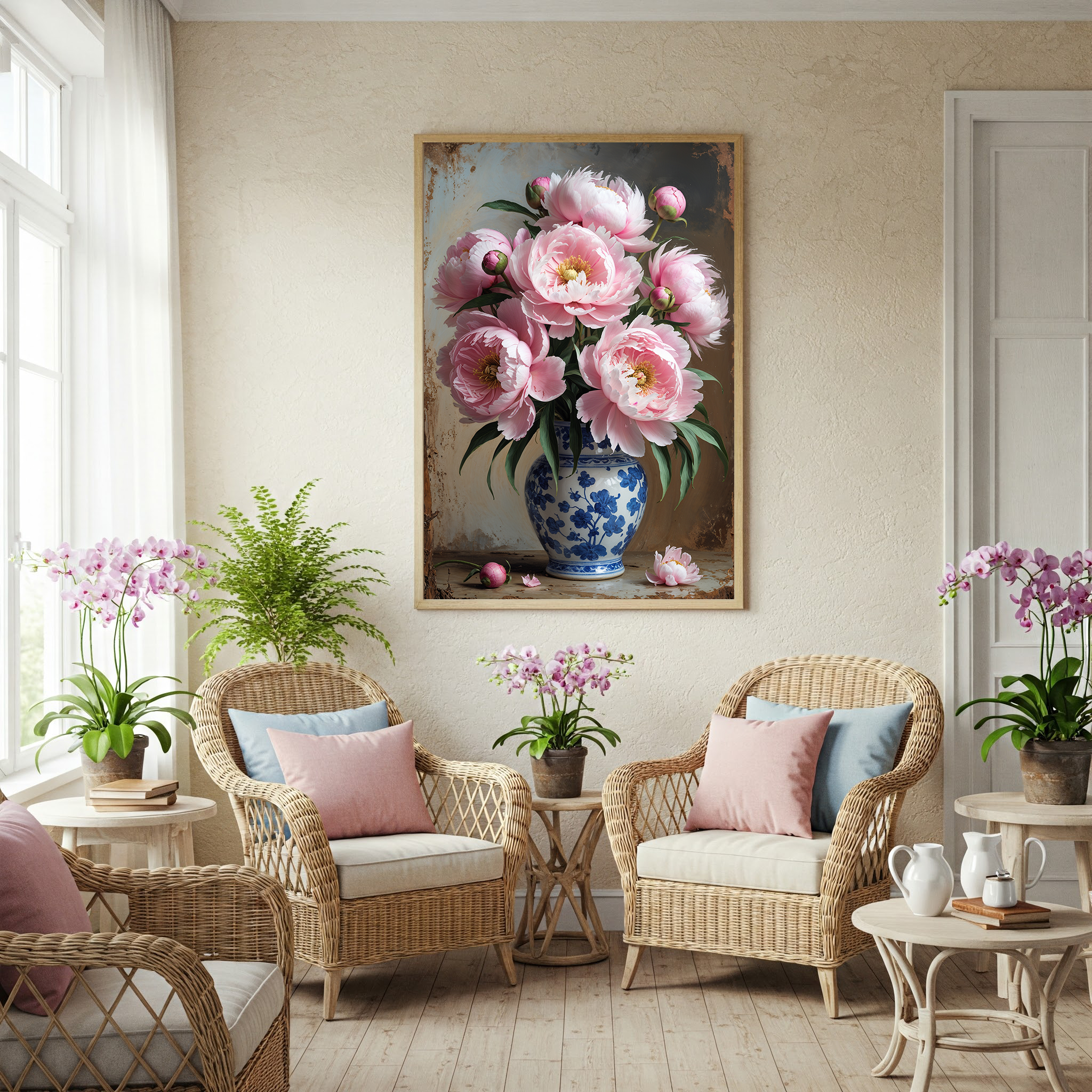 Vintage Pink Peony Bouquet Wall Art Print | Impressionist Floral Decor