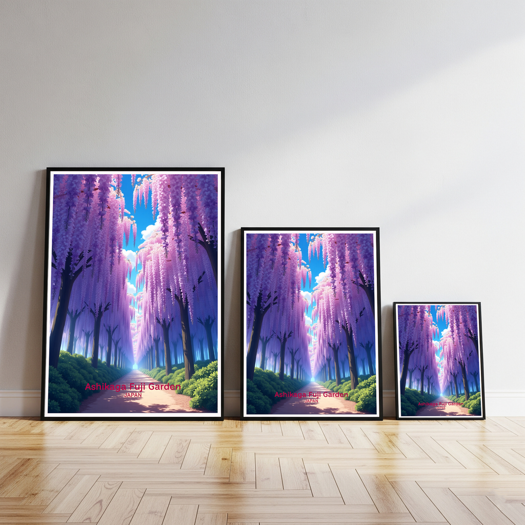 Digital art of Ashikaga Fuji Garden by Reflectionare, showcasing vibrant cherry blossoms and lush greenery in a serene landscape.