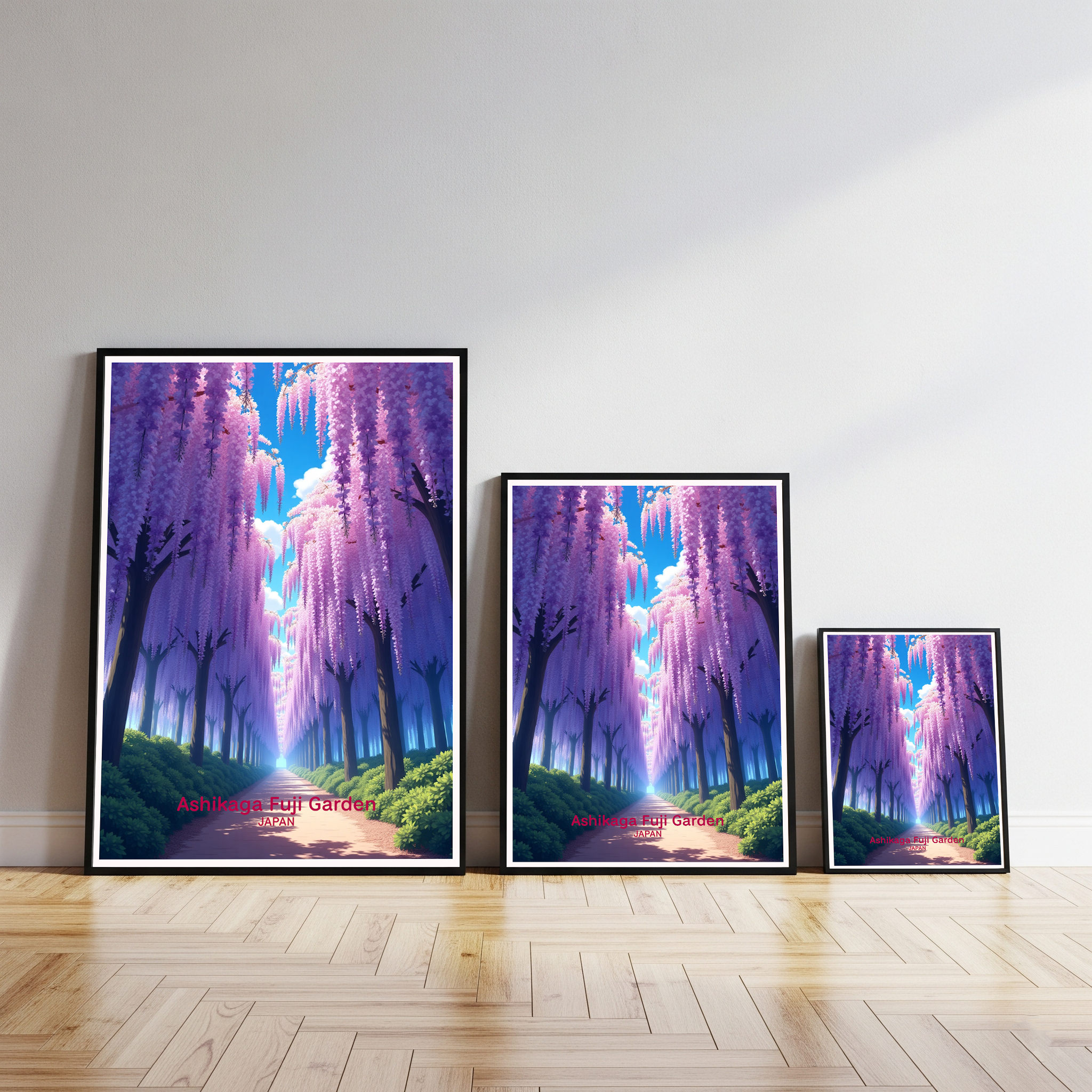 Digital art of Ashikaga Fuji Garden by Reflectionare, showcasing vibrant cherry blossoms and lush greenery in a serene landscape.