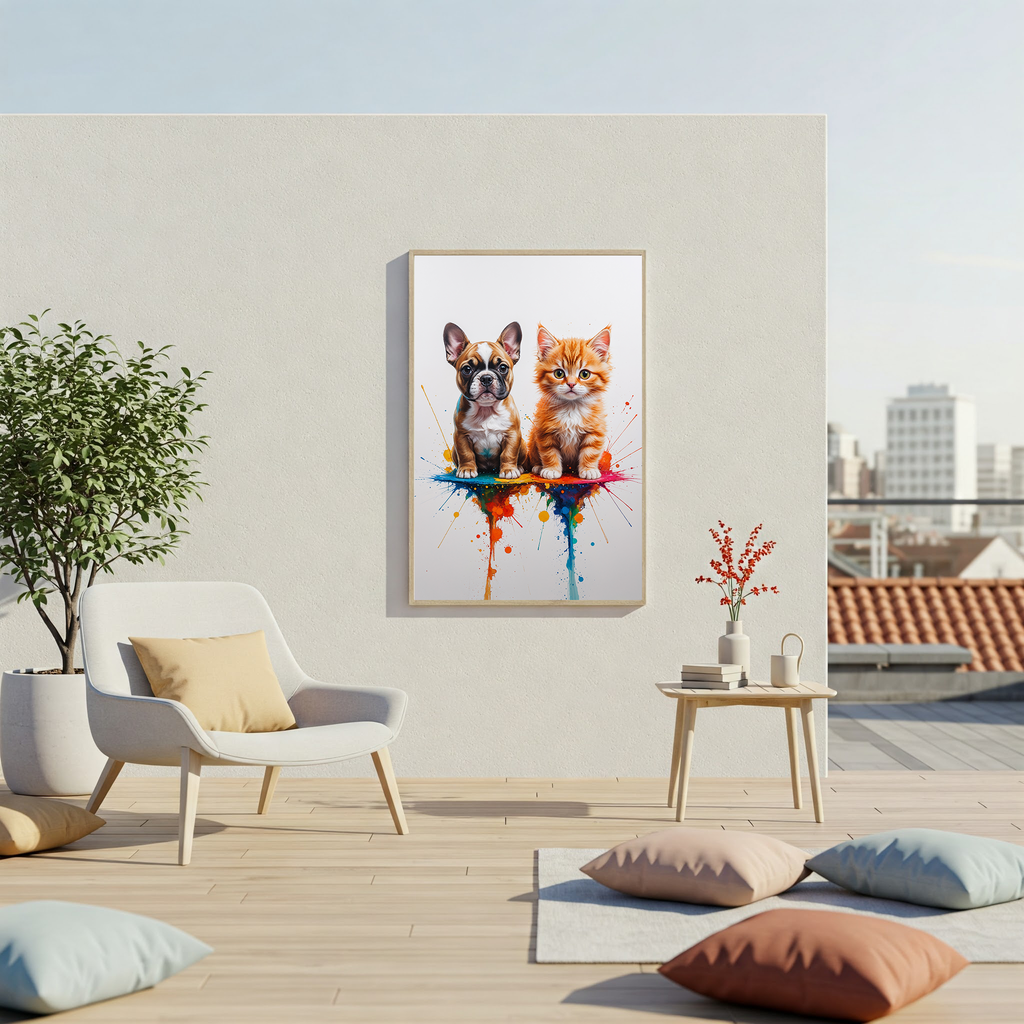 French Bulldog and Kitten Colorful Splash Art Print