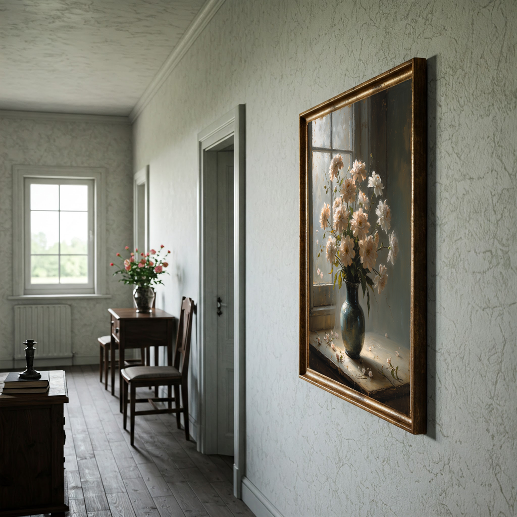 Vintage floral still life digital art by Reflectionare featuring an elegant flower bouquet in a vase, wall art print.