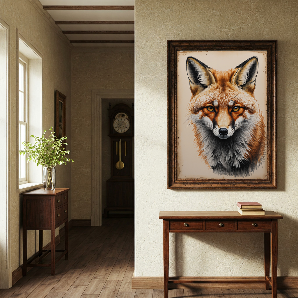 Vintage fox portrait digital art by Reflectionare featuring a detailed wildlife illustration on a neutral background.