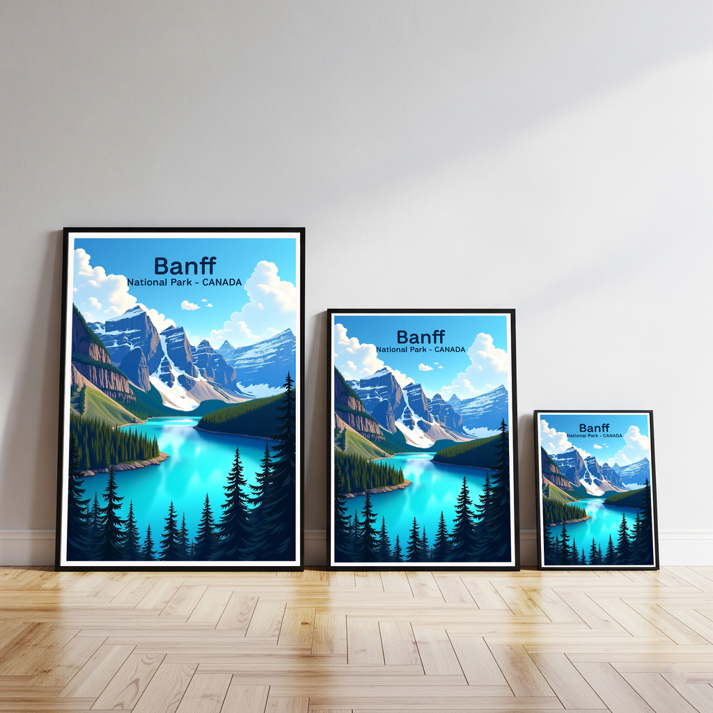 Digital art of Banff National Park by Reflectionare, showcasing scenic mountain landscape with trees and blue sky.